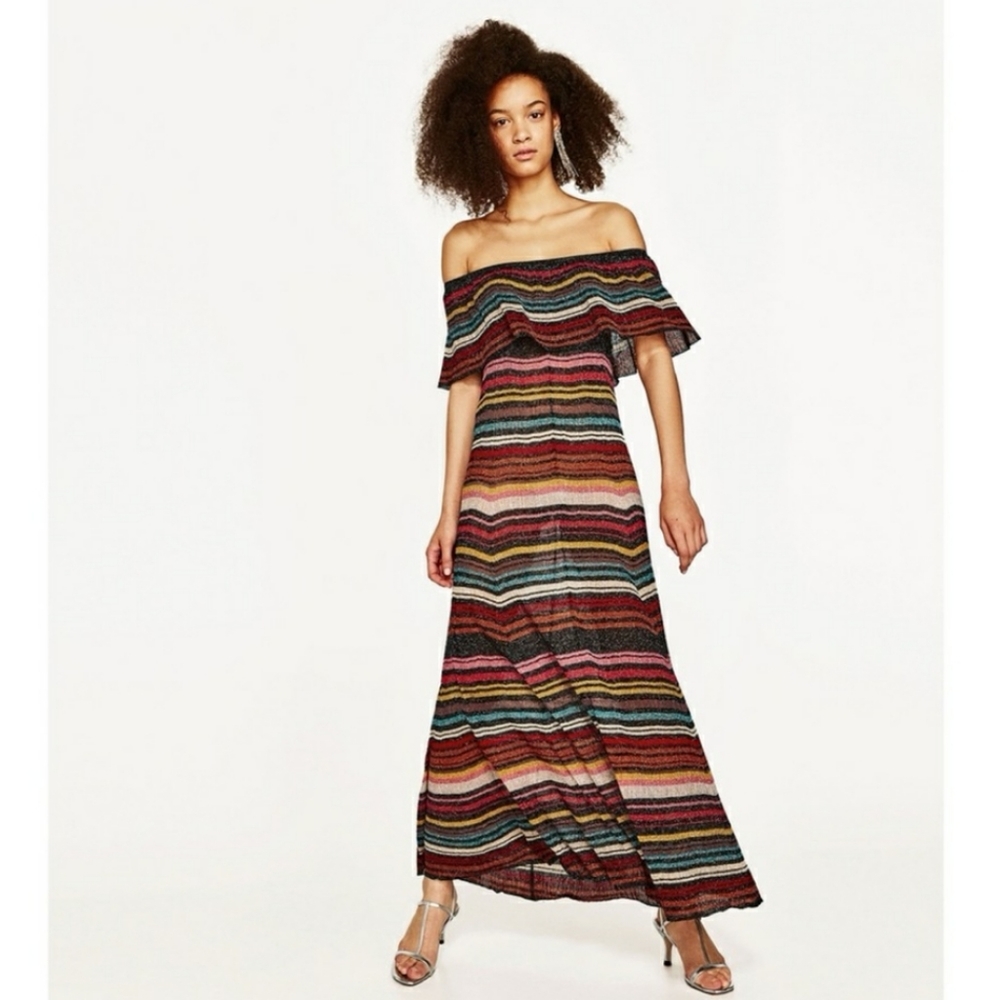 Metallic Thread Striped Maxi Dress - S